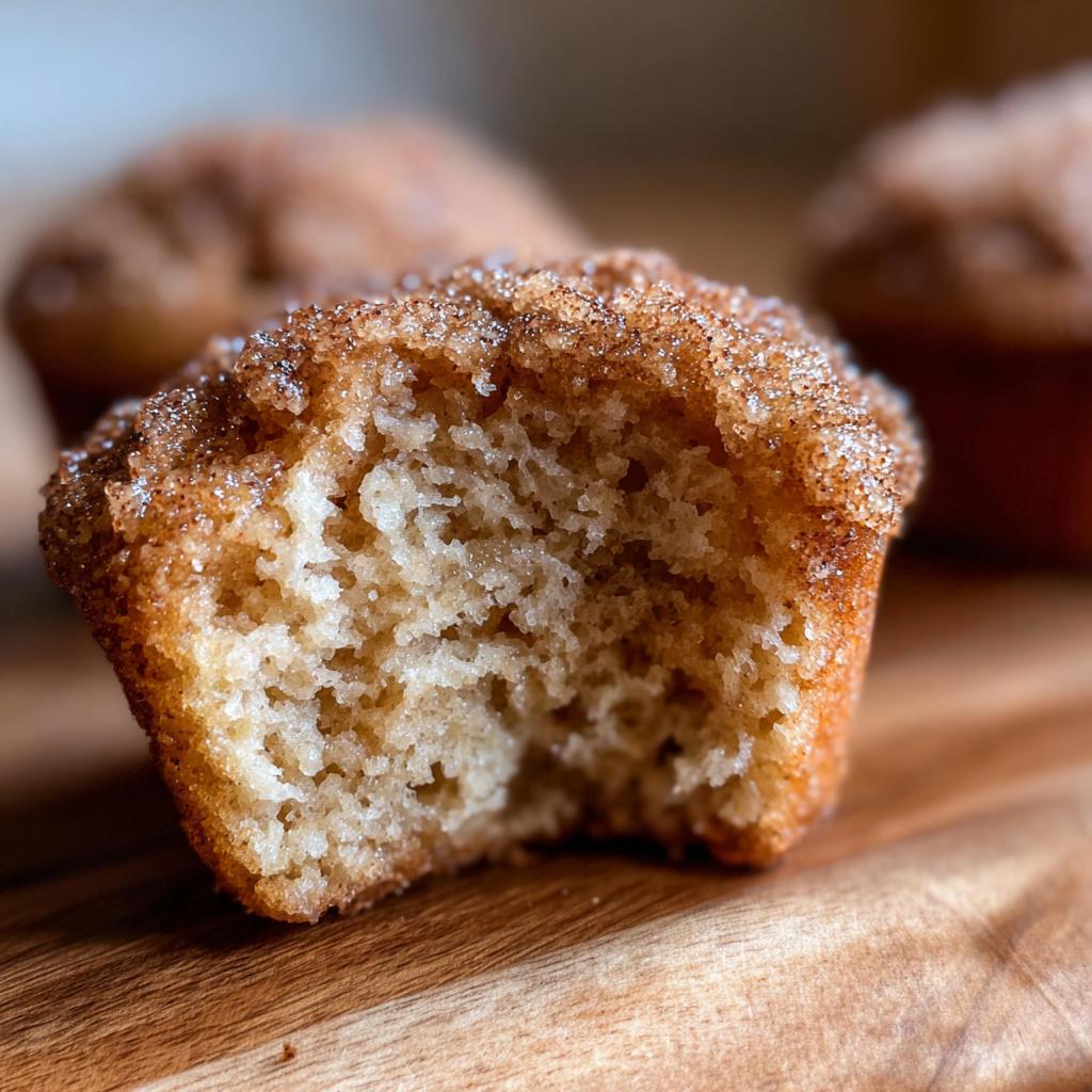 Close-up of a Brown Butter Apple Cider Donut Muffin with a bite taken out, showing the soft interior.