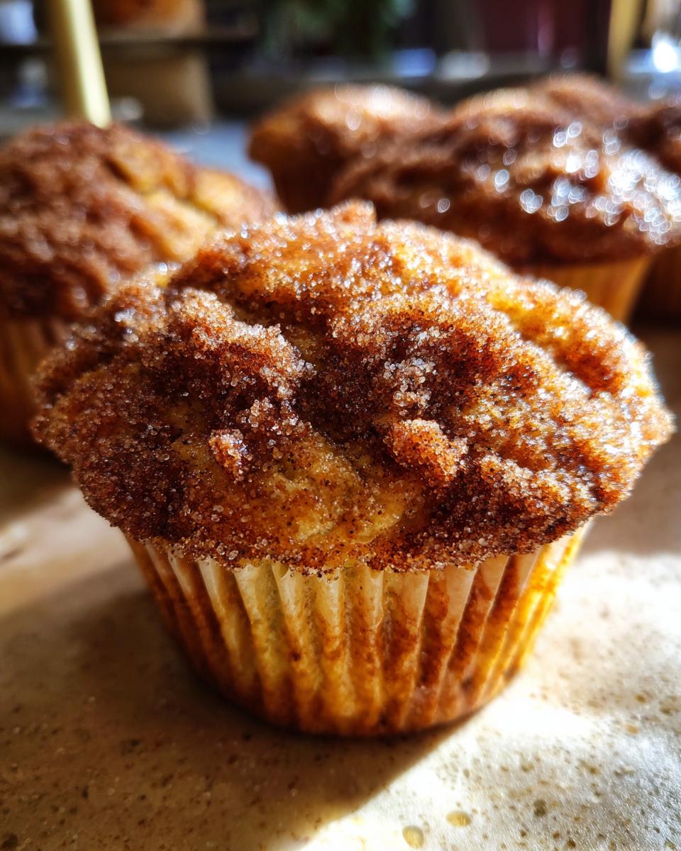 A close-up of a Brown Butter Apple Cider Donut Muffin with a sugary cinnamon topping.