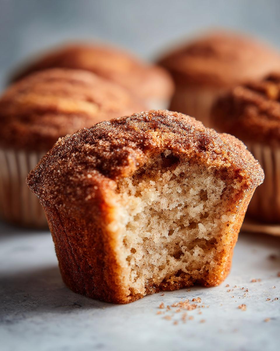 A Brown Butter Apple Cider Donut Muffin with a bite taken out, showing the texture and cinnamon sugar coating.