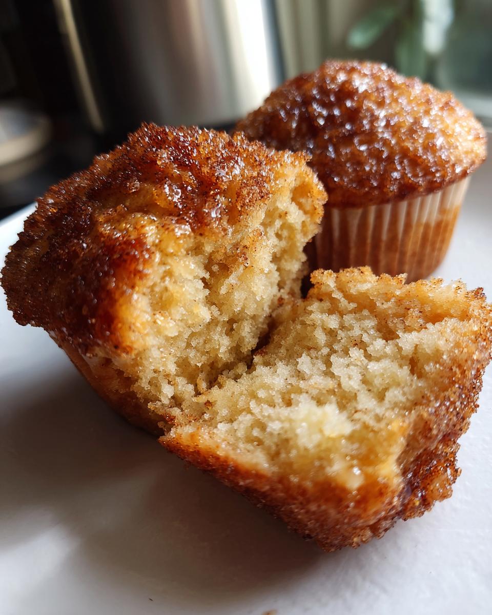 A Brown Butter Apple Cider Donut Muffin, split open to show the soft interior, with another muffin behind it.