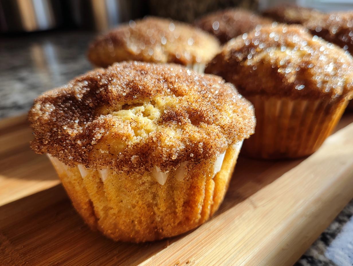 Close-up of Brown Butter Apple Cider Donut Muffins with cinnamon sugar topping on a wooden board.