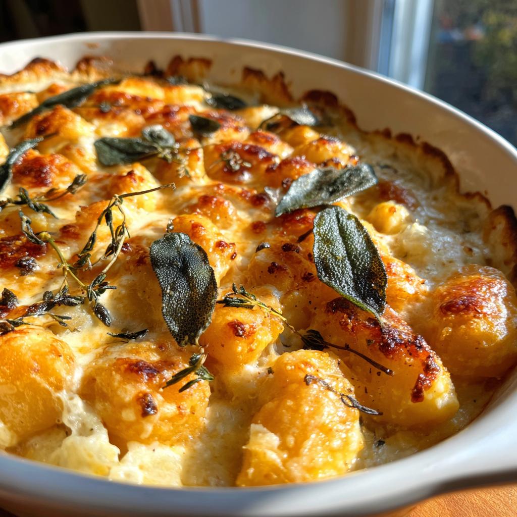 Close-up of Brown Butter Sage Pumpkin Gnocchi Bake in a baking dish, garnished with sage and thyme.