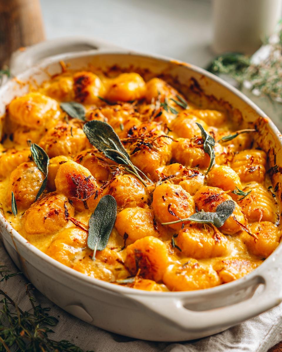 Baked Brown Butter Sage Pumpkin Gnocchi in a casserole dish, garnished with fresh sage.