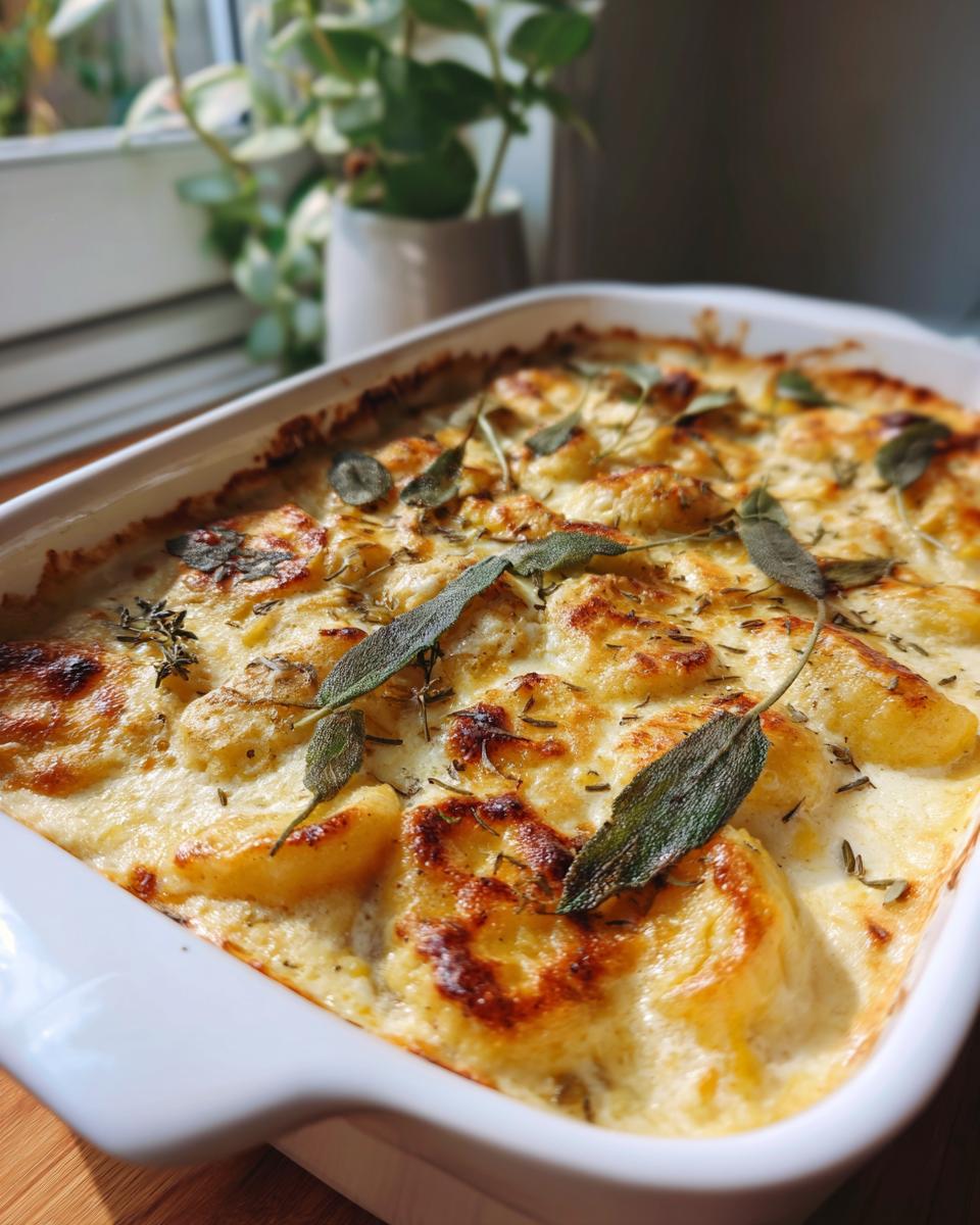 Close-up of Brown Butter Sage Pumpkin Gnocchi Bake in a white baking dish, garnished with fresh sage.