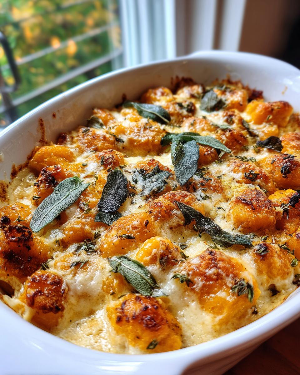 Close up of a Brown Butter Sage Pumpkin Gnocchi Bake in a white baking dish, topped with sage.