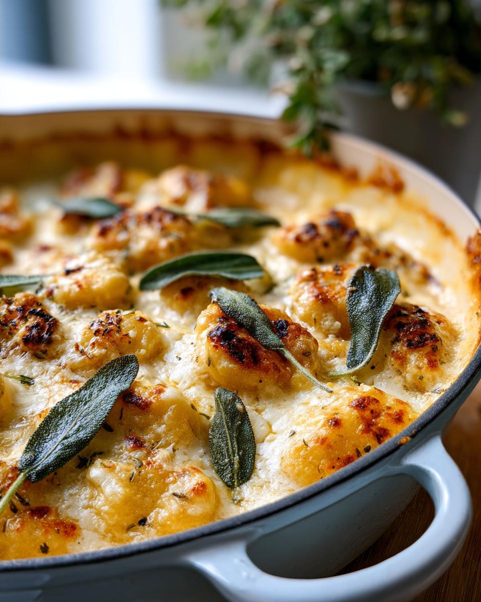 Close-up of Brown Butter Sage Pumpkin Gnocchi Bake in a blue baking dish, garnished with sage leaves.