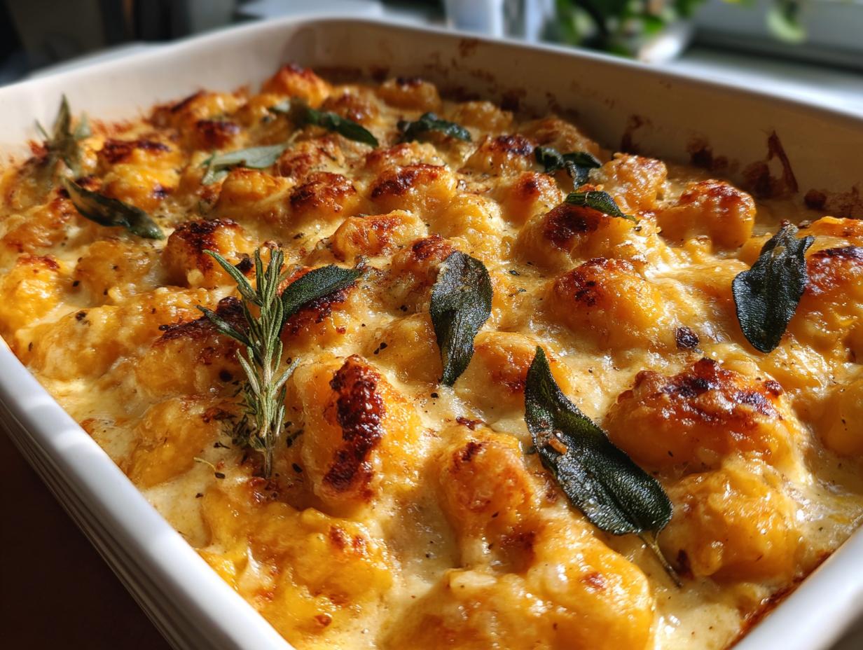 Close-up of a Brown Butter Sage Pumpkin Gnocchi Bake in a white baking dish, garnished with sage.