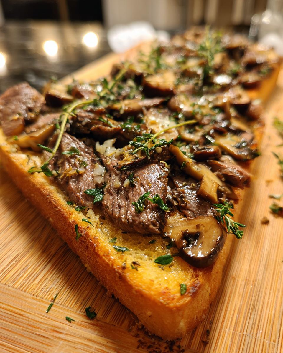 Close-up of Butter Steak & Mushroom Sourdough Toast, topped with fresh herbs on a wooden board.