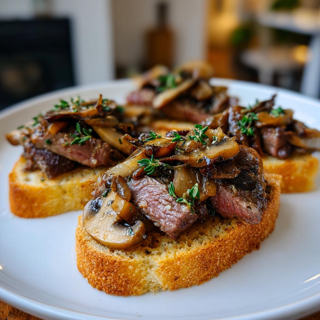 Three Butter Steak & Mushroom Sourdough Toasts on a white plate, garnished with thyme.