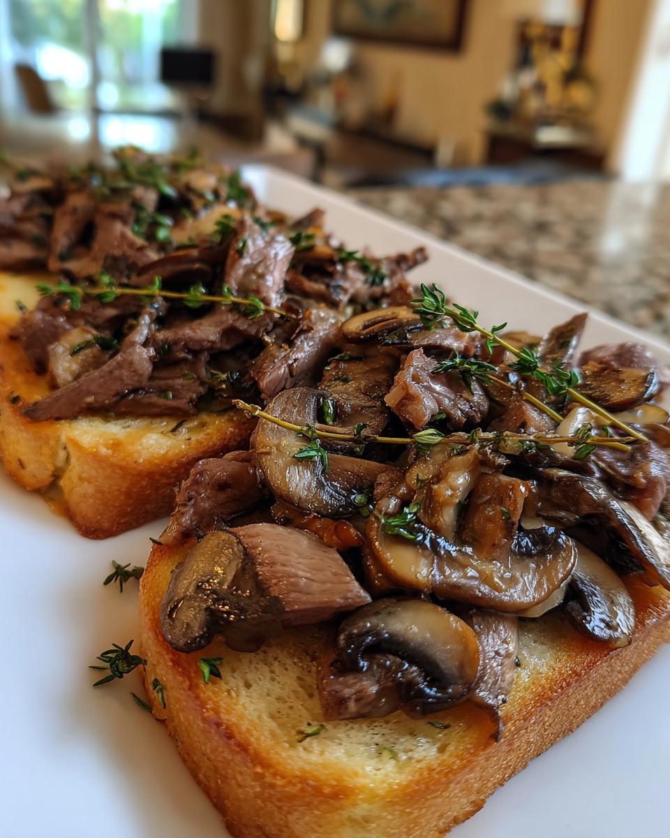 Two Butter Steak & Mushroom Sourdough Toasts topped with thyme on a white plate.