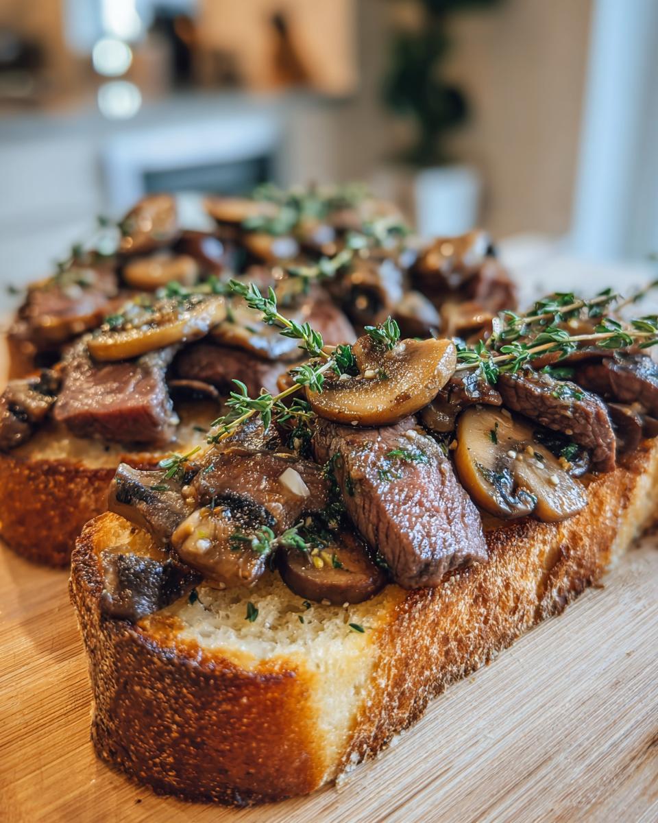 Two slices of Butter Steak & Mushroom Sourdough Toasts, garnished with thyme, on a wooden board.