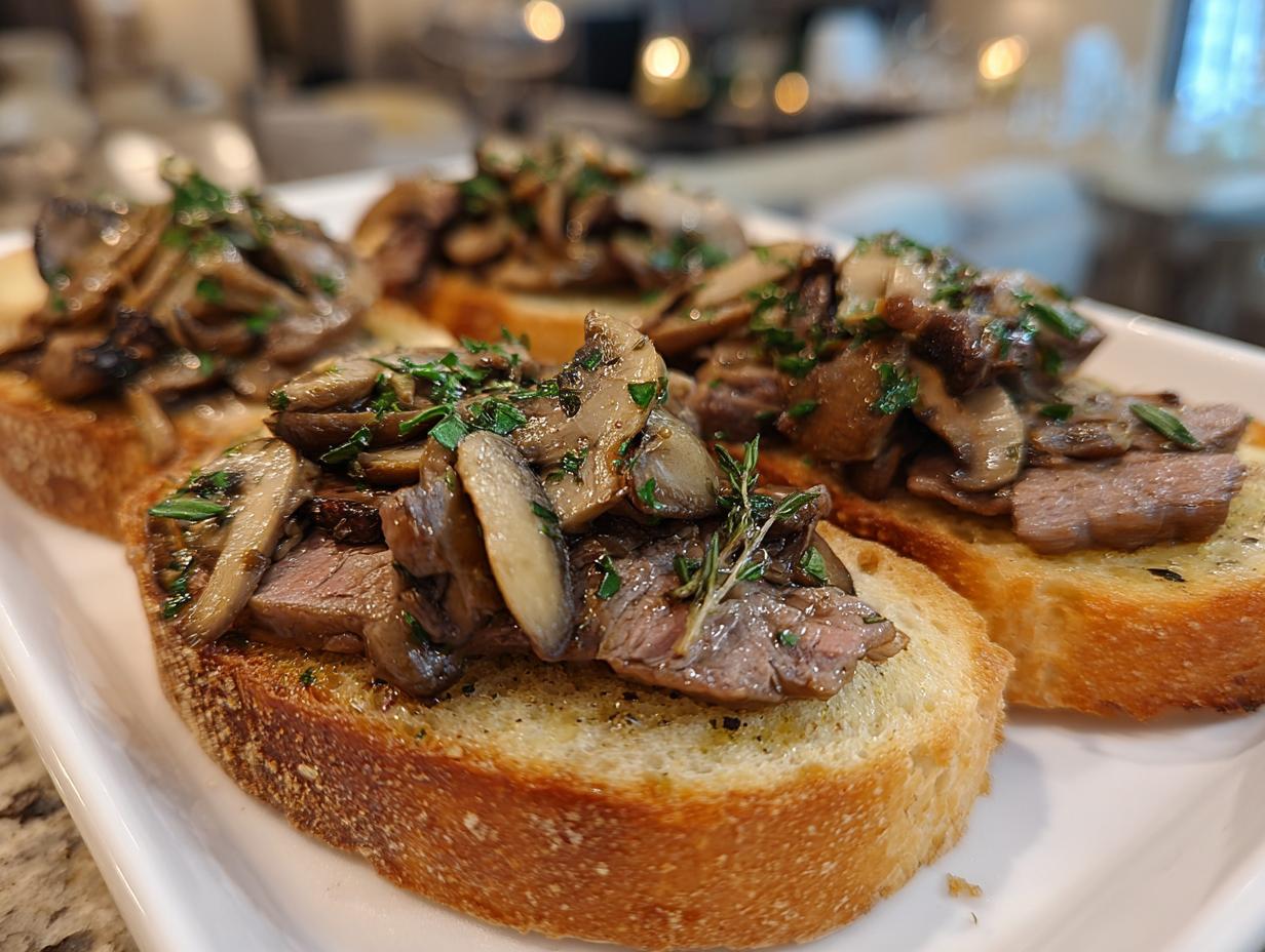Close-up of Butter Steak & Mushroom Sourdough Toasts on a white plate, garnished with herbs.