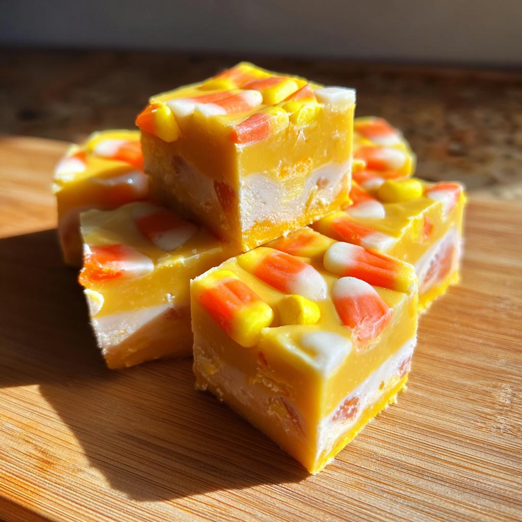 A stack of homemade candy corn fudge recipe pieces on a wooden board, ready to eat.