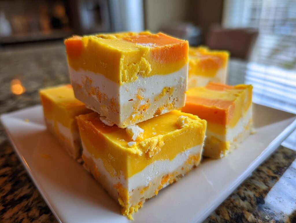 A stack of homemade candy corn fudge recipe squares on a white plate, showing the distinct yellow, white, and orange layers.