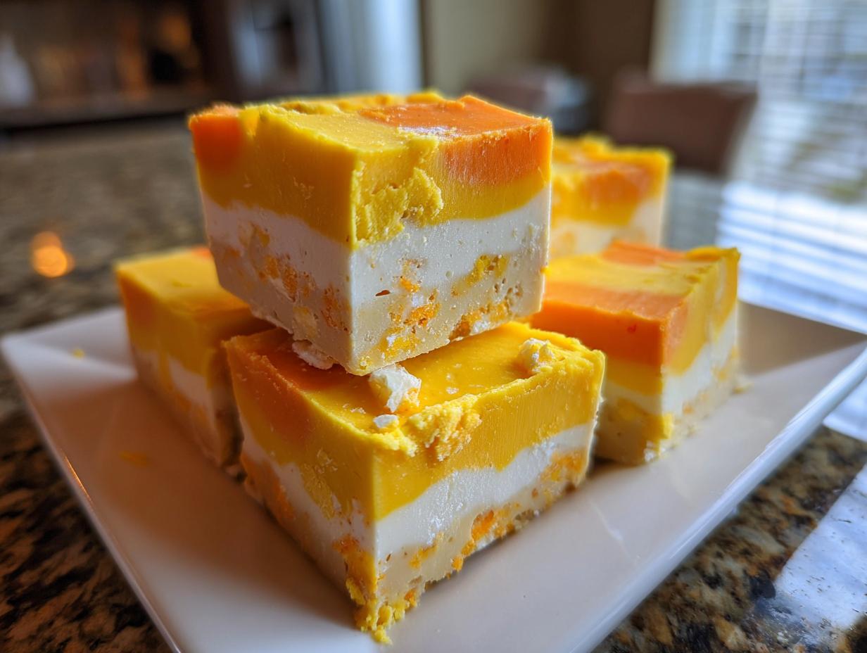 A stack of homemade candy corn fudge recipe squares on a white plate, showing the distinct yellow, white, and orange layers.