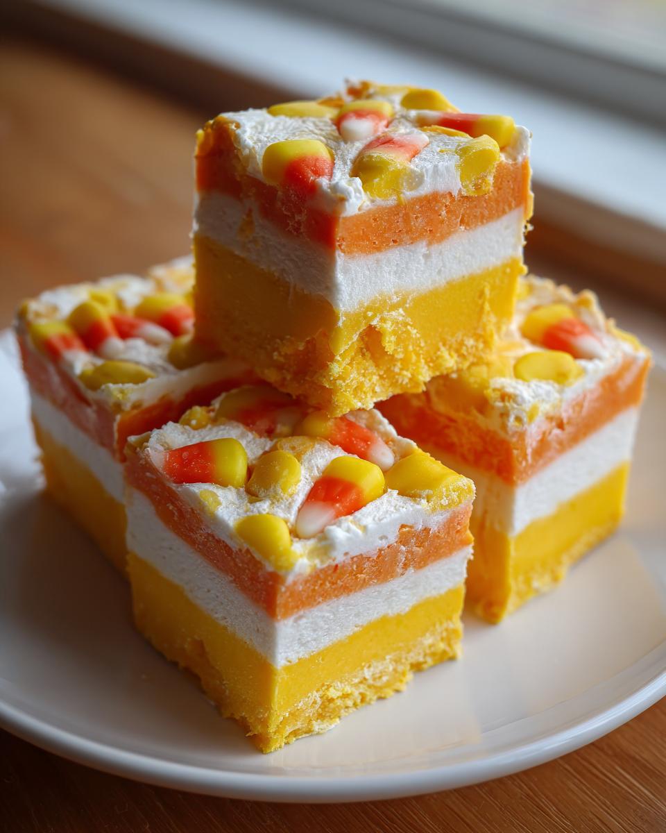 A stack of colorful candy corn fudge recipe squares on a white plate, featuring yellow, white, and orange layers.