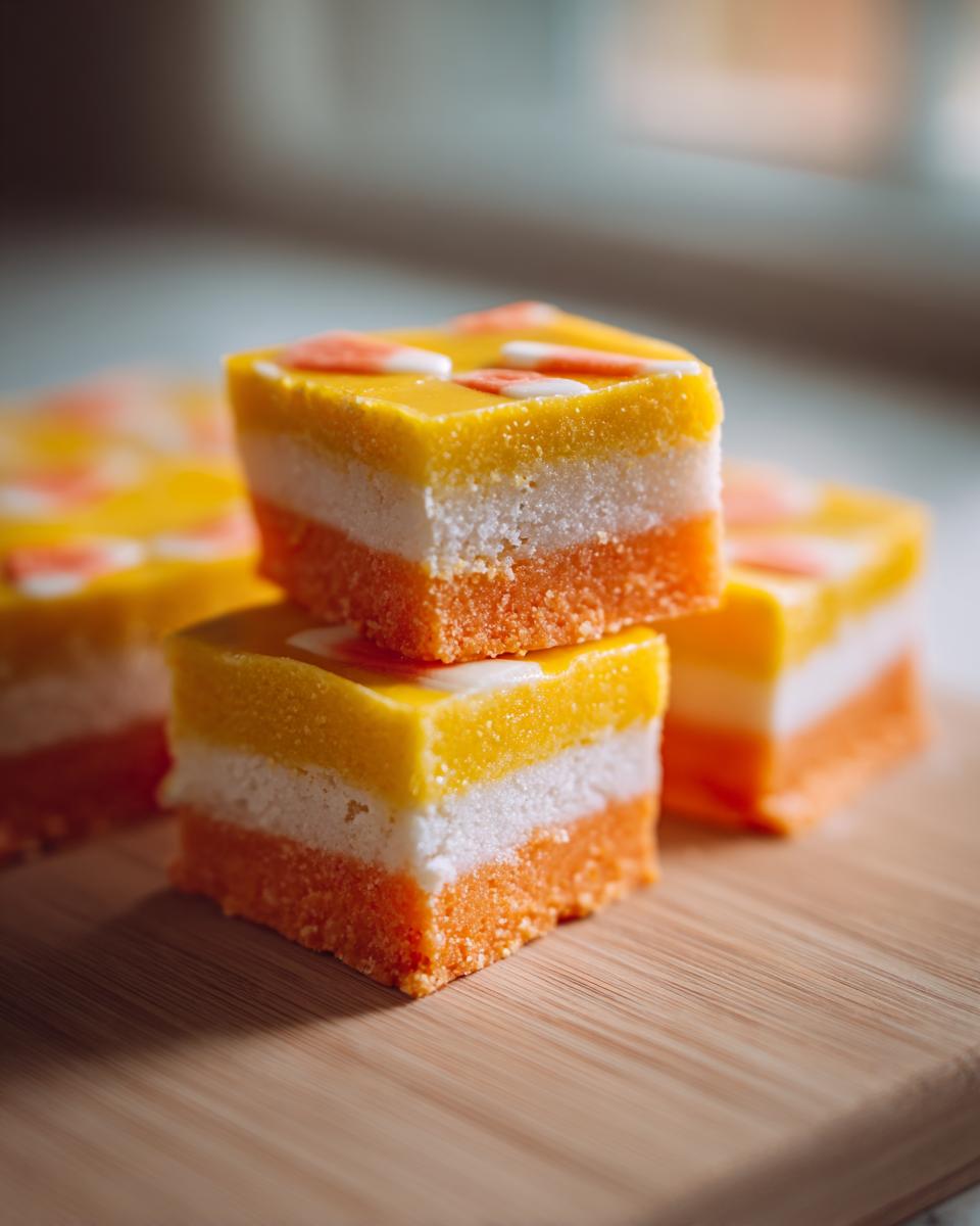 A stack of candy corn fudge recipe squares, showcasing the orange, white, and yellow layers.