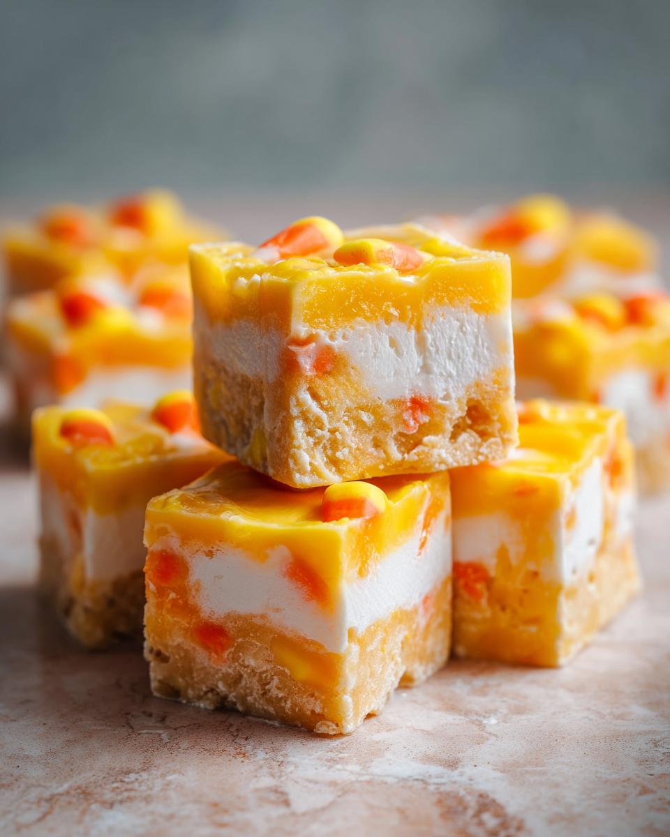 A stack of candy corn fudge recipe squares with layers of yellow, white, and orange, topped with candy corn pieces.