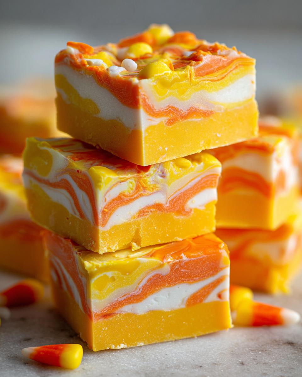 A stack of homemade candy corn fudge recipe squares, featuring classic candy corn colors and decorations.