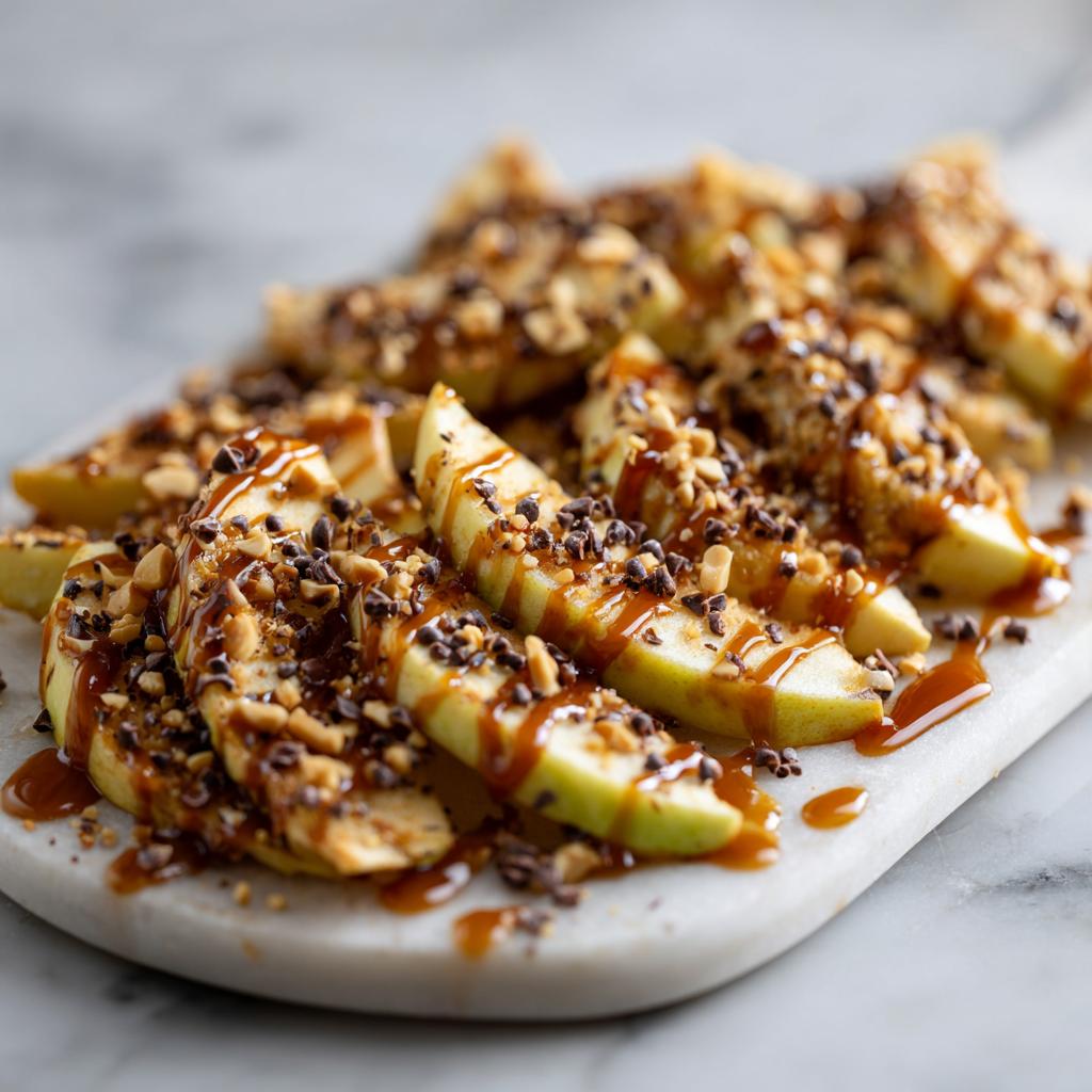 Delicious caramel apple nachos featuring sliced apples drizzled with caramel, chocolate chips, and chopped nuts.