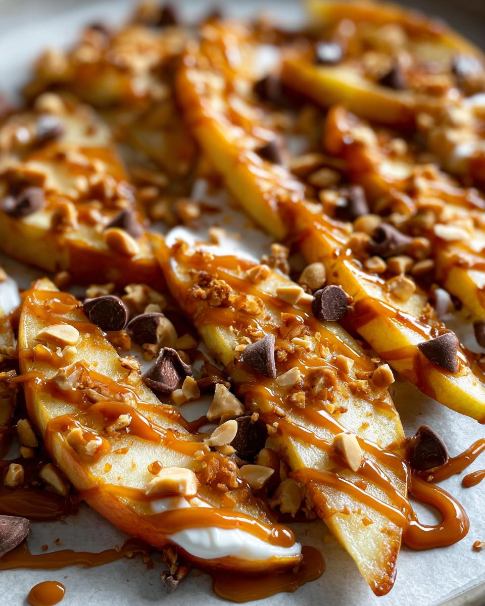 Close-up of caramel apple nachos featuring apple slices drizzled with caramel, chocolate chips, and chopped nuts.