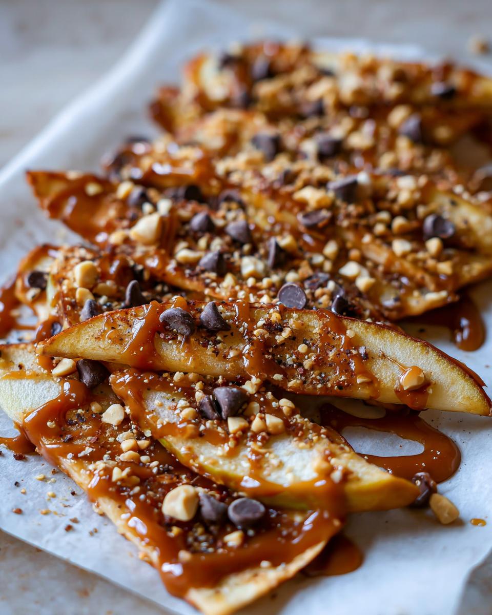 Close-up of caramel apple nachos with caramel drizzle, chocolate chips, and chopped nuts.