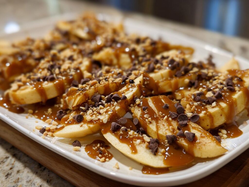 A platter of caramel apple nachos drizzled with caramel, chocolate chips, and chopped nuts.