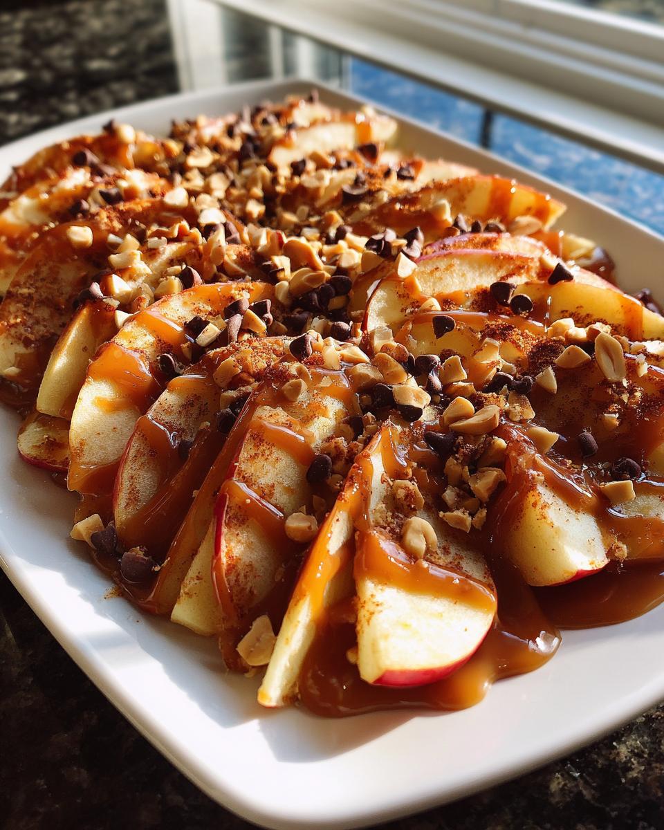 A platter of caramel apple nachos with apple slices, caramel drizzle, chocolate chips, and chopped nuts.