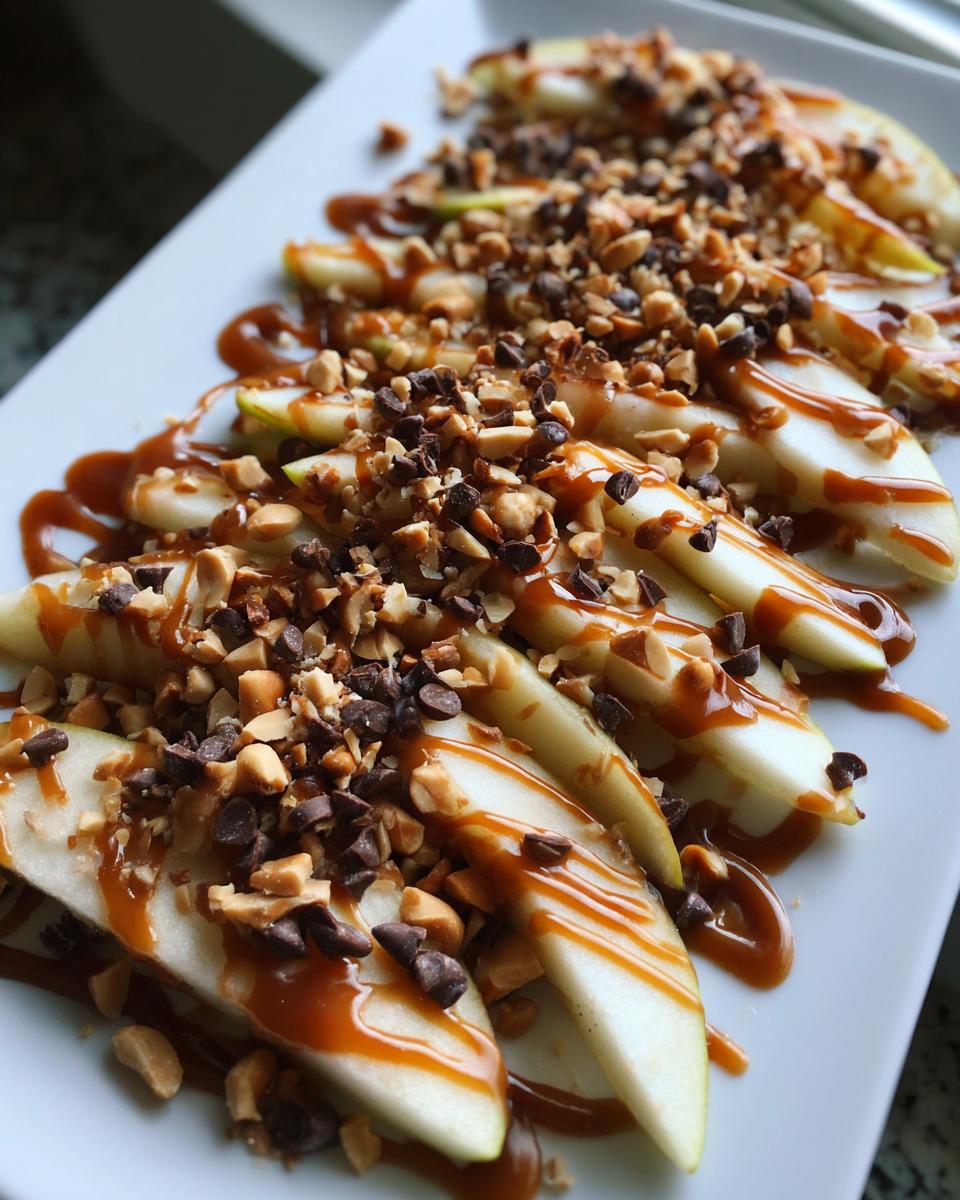 A platter of caramel apple nachos with sliced apples, caramel drizzle, chopped nuts, and chocolate chips.