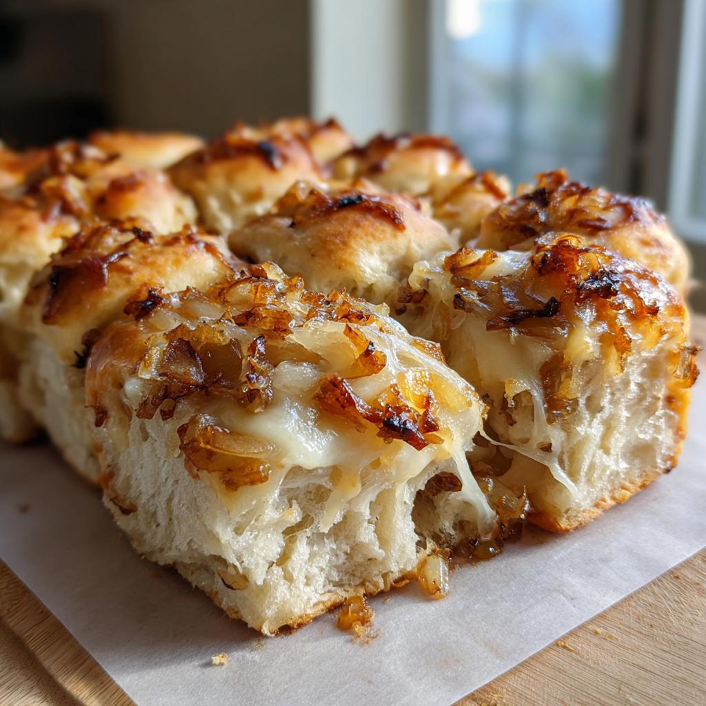 Close-up of Caramelized Onion & Gruyère Pull-Apart Slider showing the cheesy filling and caramelized onions.