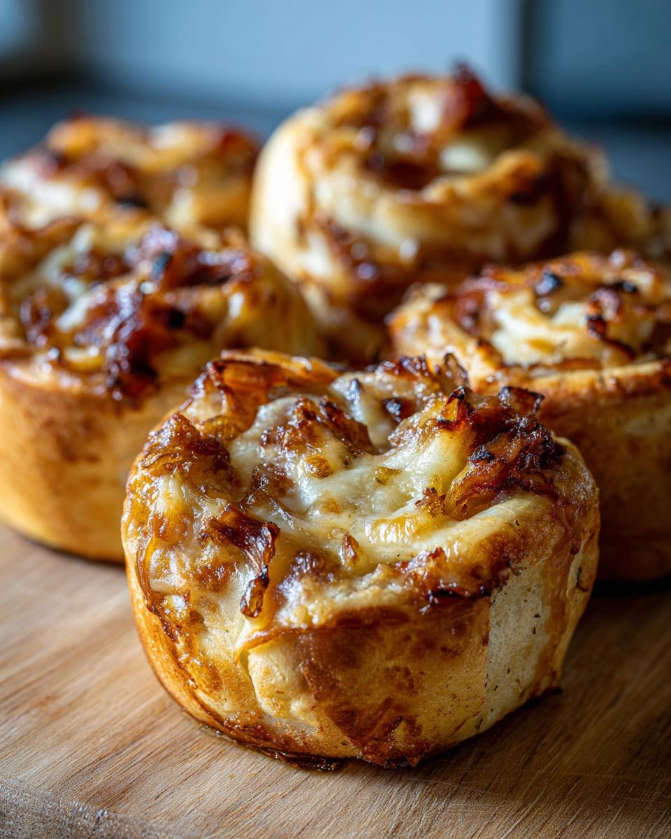 Close-up of Caramelized Onion & Gruyère Pull-Apart Slider rolls on a wooden board. 