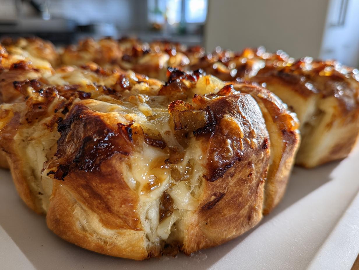 Close-up of a Caramelized Onion & Gruyère Pull-Apart Slider showing the golden-brown crust and melted cheese.