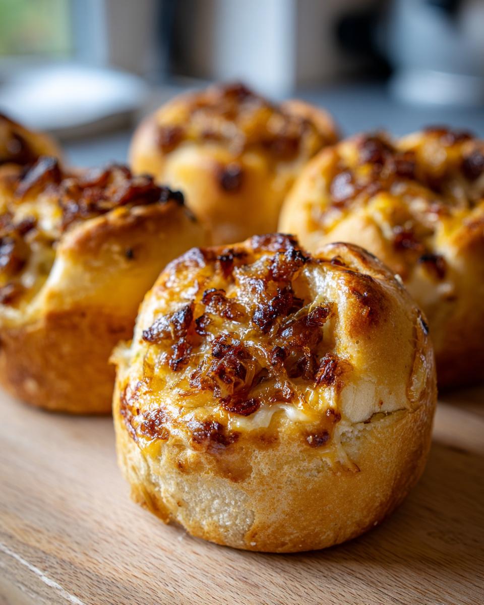 Close-up of Caramelized Onion & Gruyère Pull-Apart Sliders on a wooden board, showcasing the golden-brown onions and melted cheese.
