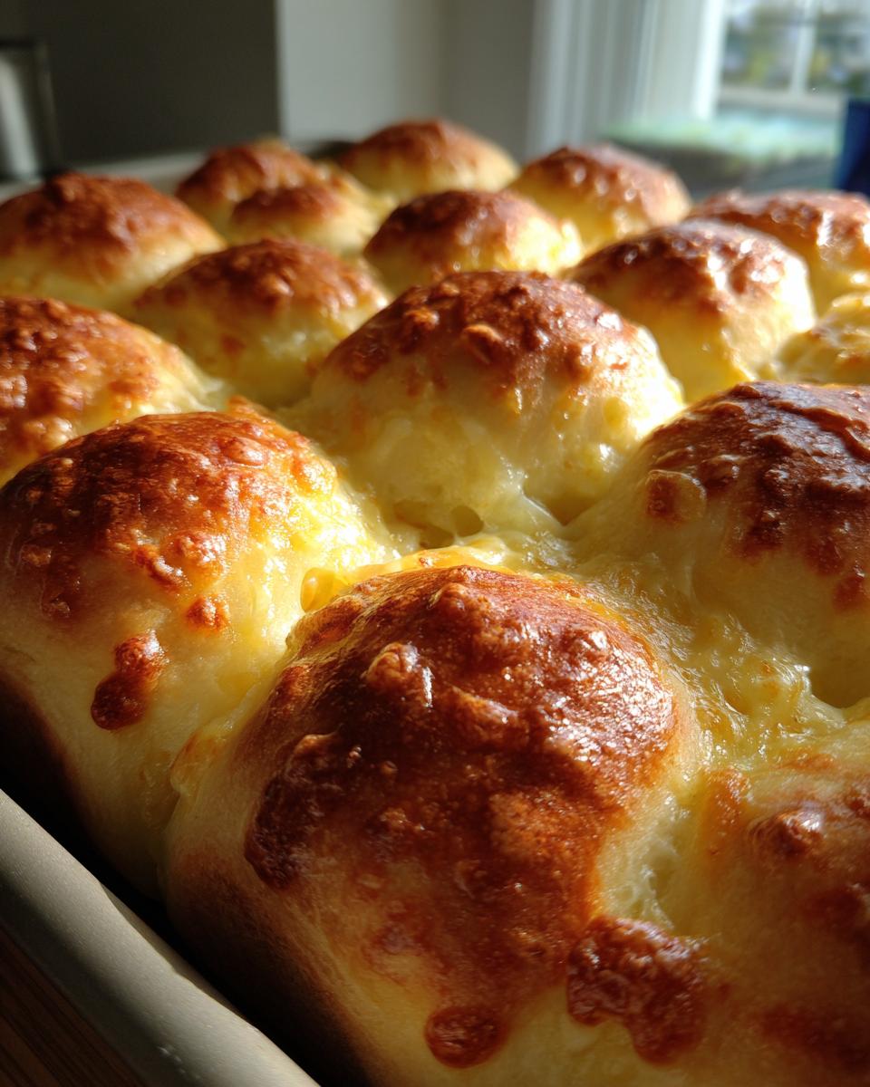 Close up of golden Caramelized Onion & Gruyère Pull-Apart Sliders in a baking pan, showing melted cheese.
