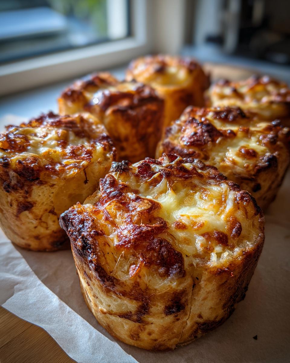 Close-up of Caramelized Onion & Gruyère Pull-Apart Sliders, showing golden-brown tops and cheesy texture.