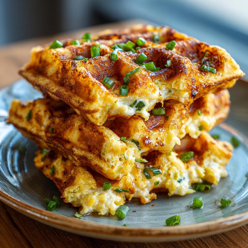 A stack of golden Cheesy Jalapeño Cornbread Waffles, topped with fresh chives, on a gray plate.