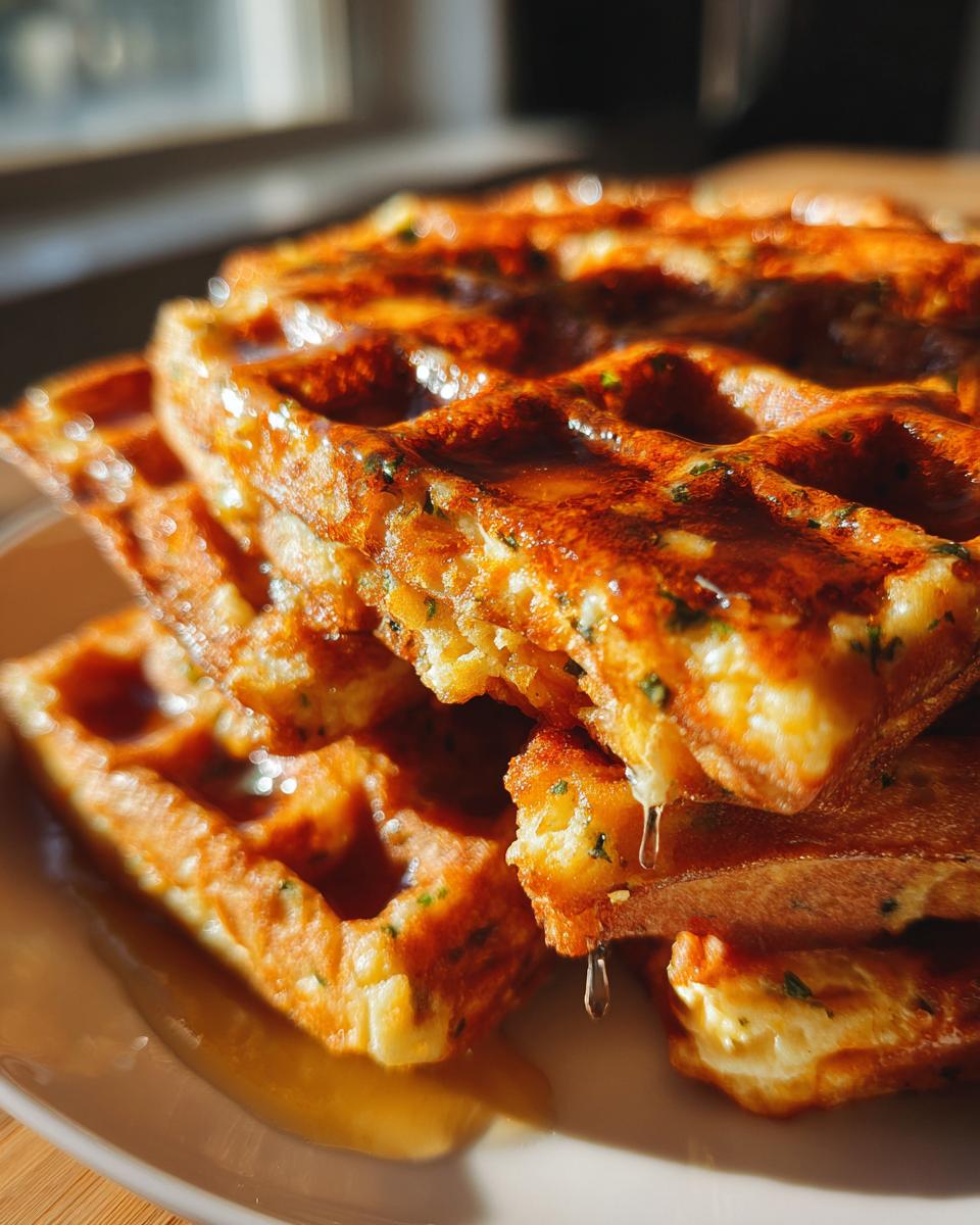 Stack of Cheesy Jalapeño Cornbread Waffles drizzled with honey on a plate.