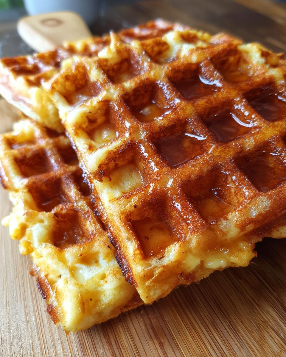 Close-up of Cheesy Jalapeño Cornbread Waffles drizzled with honey on a wooden board.