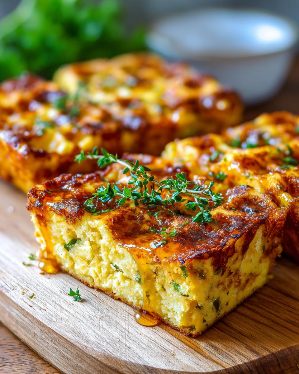 Close-up of Cheesy Jalapeño Cornbread Waffles with Honey drizzled on top, garnished with thyme.