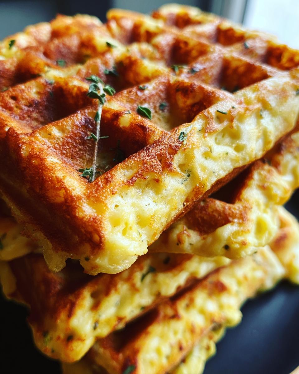 A stack of golden Cheesy Jalapeño Cornbread Waffles, garnished with herbs, showcasing their texture and cheesy interior.
