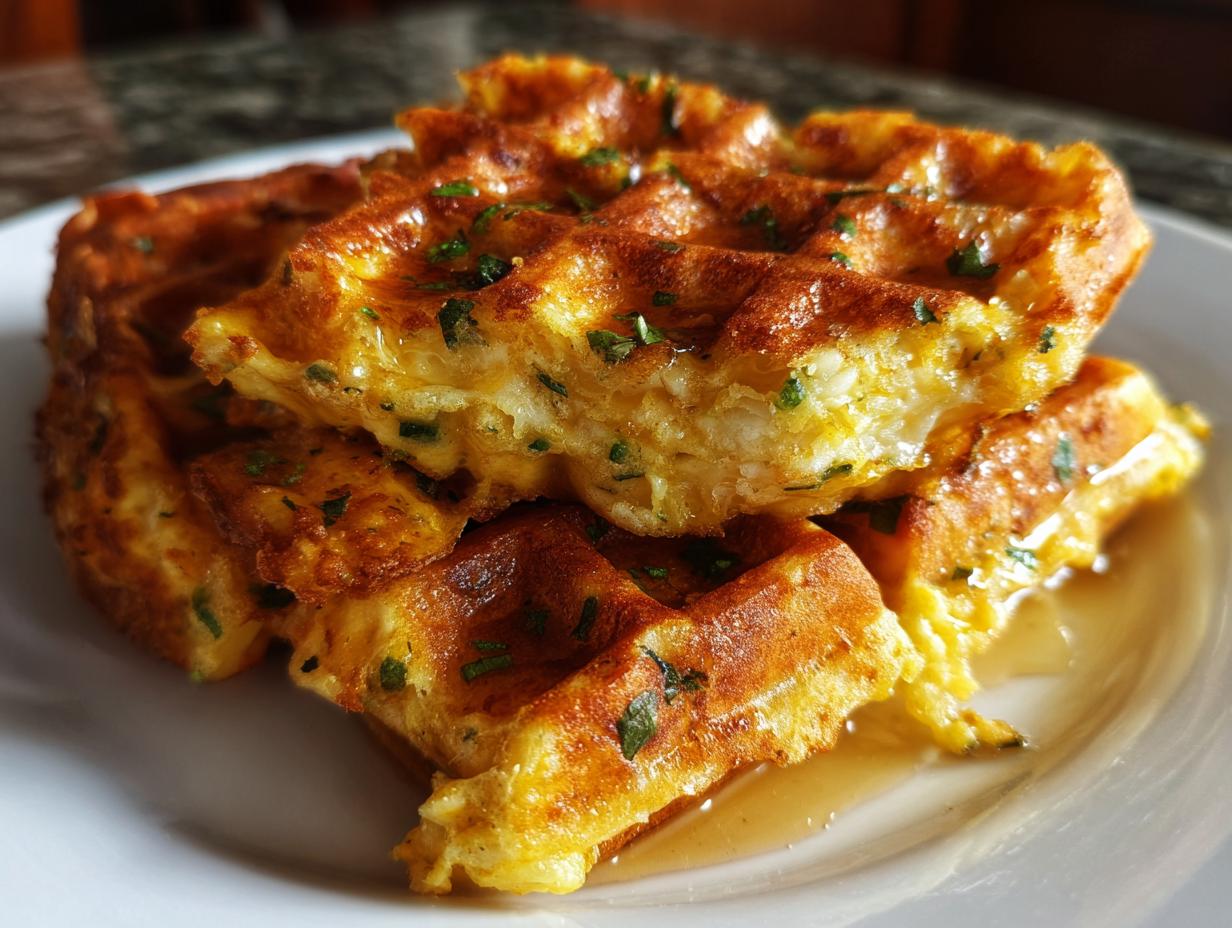 A stack of golden Cheesy Jalapeño Cornbread Waffles drizzled with honey and garnished with herbs.