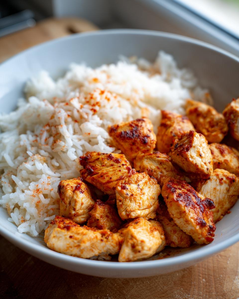 A bowl of chicken and rice recipes, featuring seasoned chicken pieces and fluffy white rice.