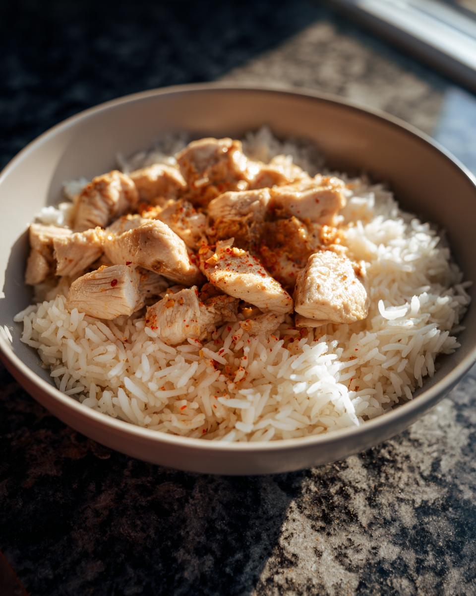 A bowl of fluffy white rice topped with seasoned chicken pieces, showcasing one of the delicious chicken and rice recipes.
