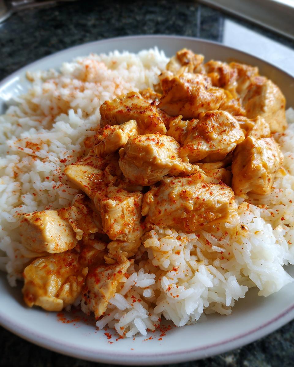 A plate of flavorful chicken and rice recipes, featuring tender chicken pieces over fluffy white rice.