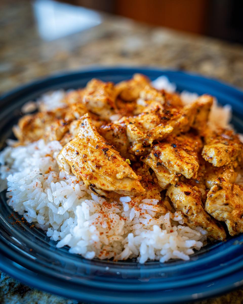 Close-up of seasoned chicken pieces served over white rice on a blue plate, showcasing chicken and rice recipes.