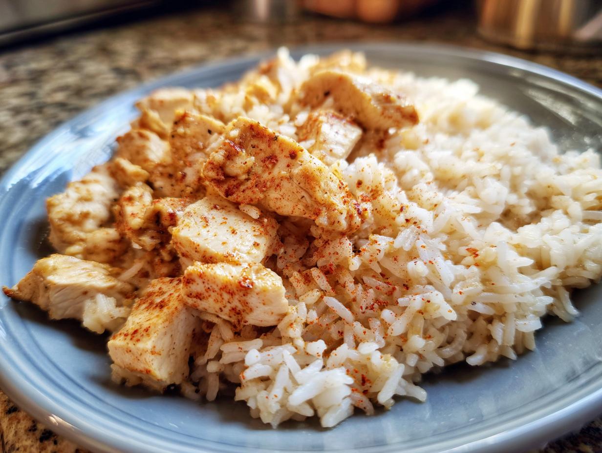 A plate of seasoned chicken pieces served with fluffy white rice. One of the easiest chicken and rice recipes.