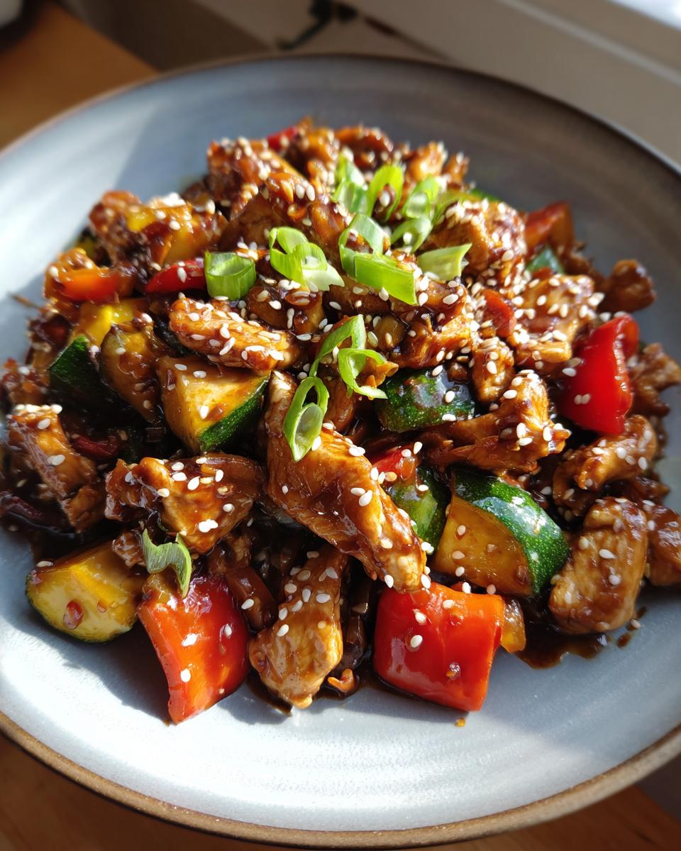 A colorful chicken stir-fry with zucchini, peppers, and sesame seeds, perfect for low carb dinner ideas.
