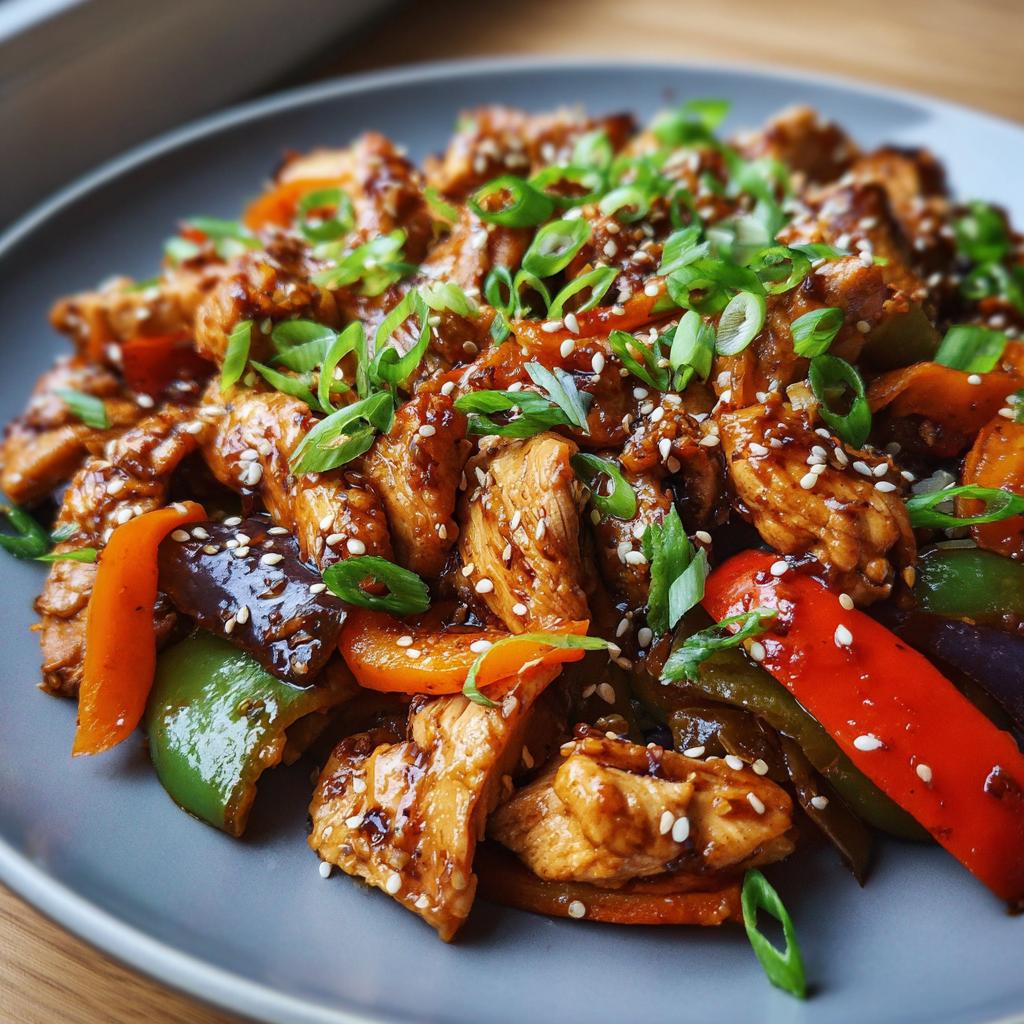 Delicious chicken stir-fry with colorful bell peppers and sesame seeds, perfect for low carb dinner ideas.