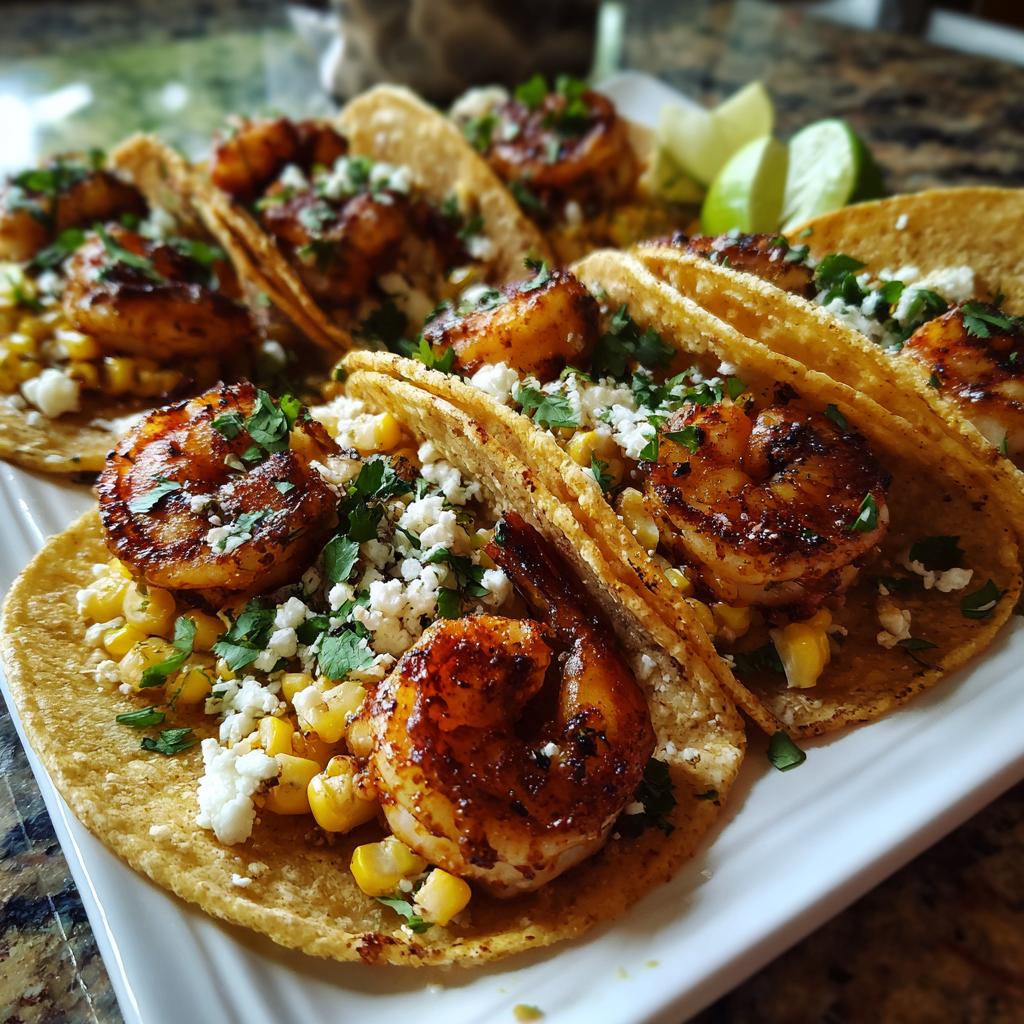 Delicious Chili-Lime Shrimp Elote Tacos on a white plate, garnished with cilantro and lime wedges.