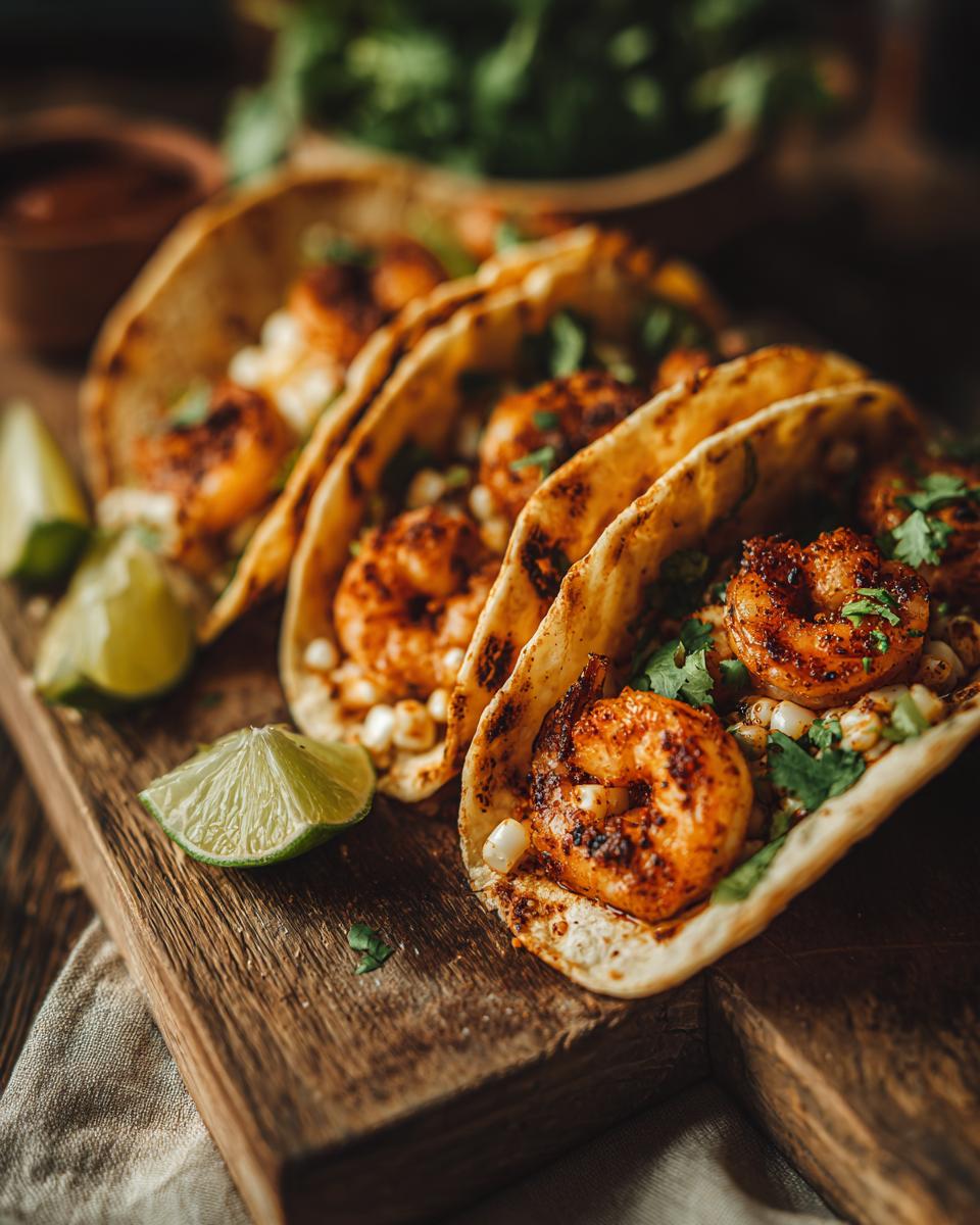 Three Chili-Lime Shrimp Elote Tacos on a wooden board, garnished with cilantro and lime wedges.
